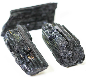 3 pieces of raw black tourmaline in a stacked door shape