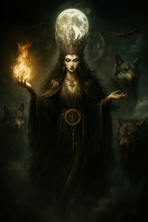 Hecate surrounded by dogs and holding a flaming torch