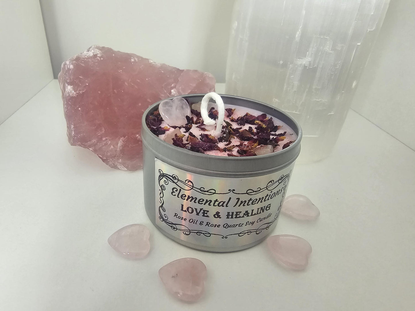 Rose Oil and Rose Quartz Love and Healing Soy Wax Ritual Candle