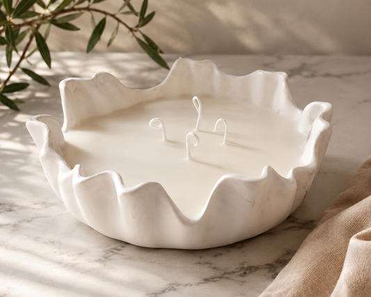 large marble effect concrete resin flowy edge candle bowl with flowing edges and filled with beautifully scented soy wax and 4 candle wicks