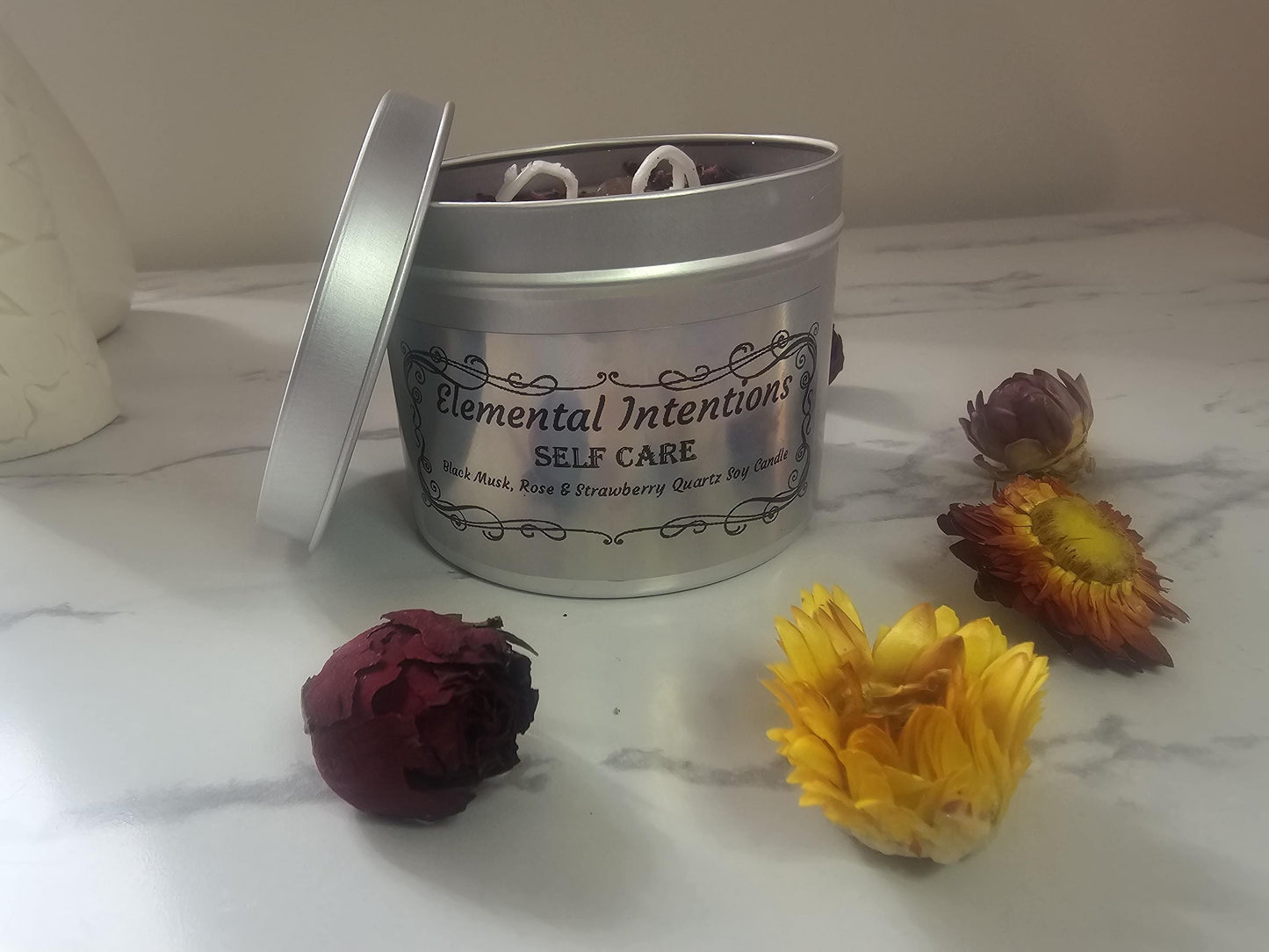 Handmade Black Musk, Rose & Strawberry Quartz 'Self Care' Soy Wax Candle