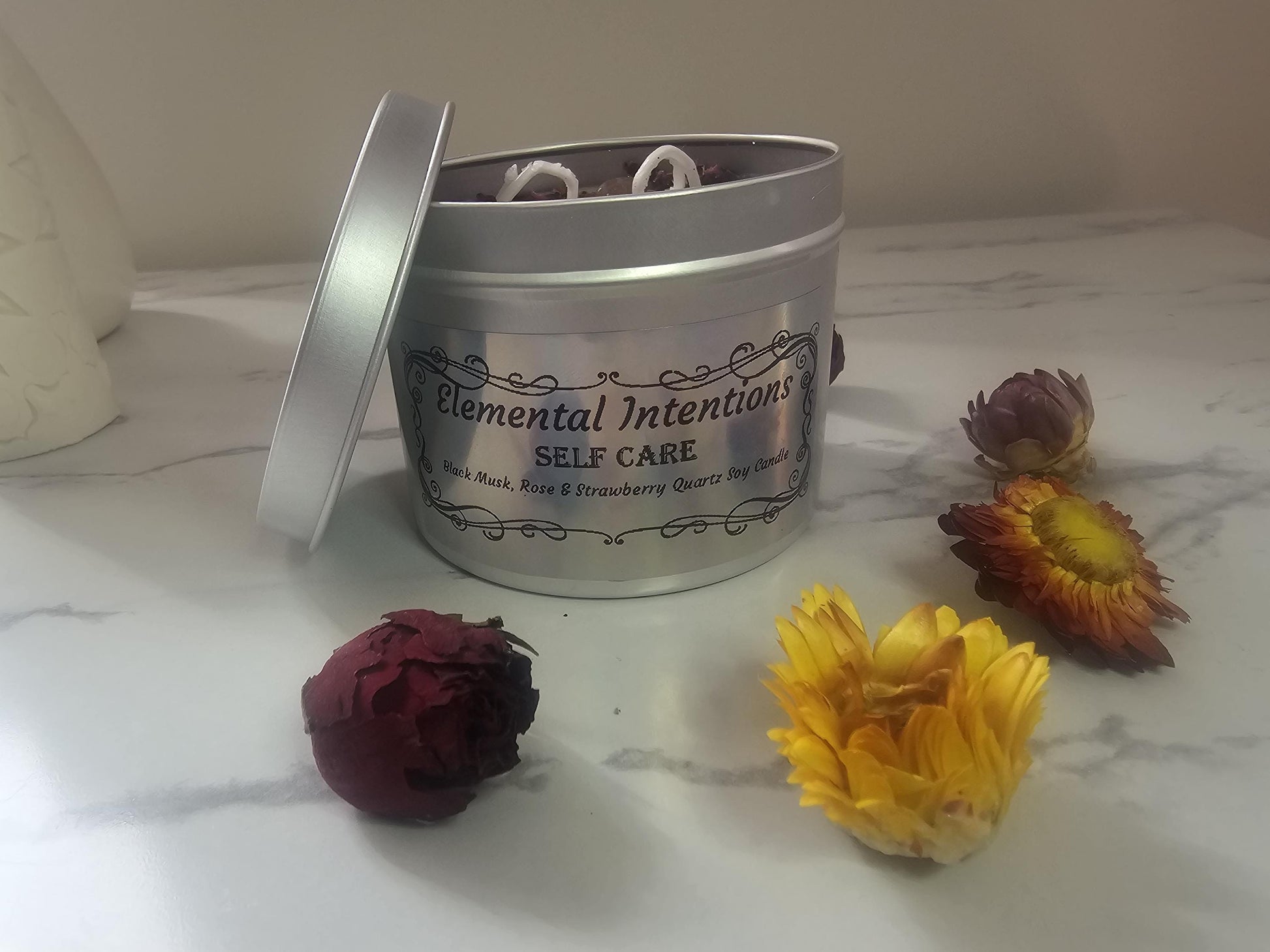 Handmade Black Musk, Rose & Strawberry Quartz 'Self Care' Soy Wax Candle